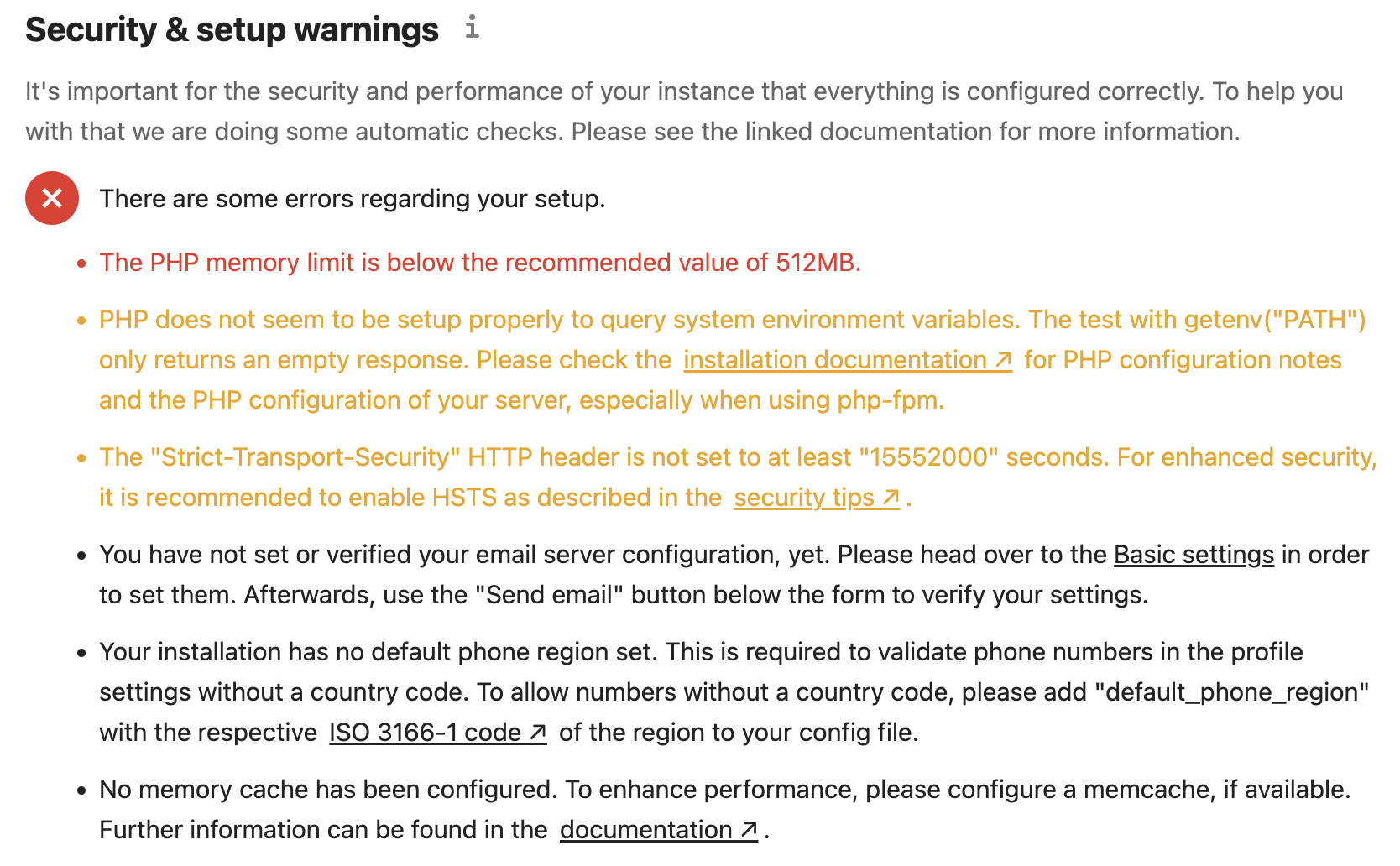 Nextcloud security & setup warnings