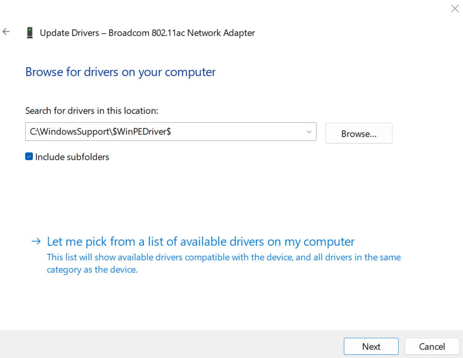 select the driver file from Windows Support Software