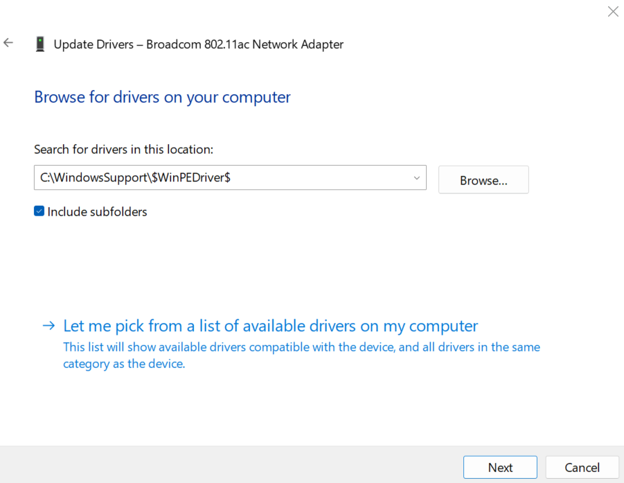 select the driver file from Windows Support Software